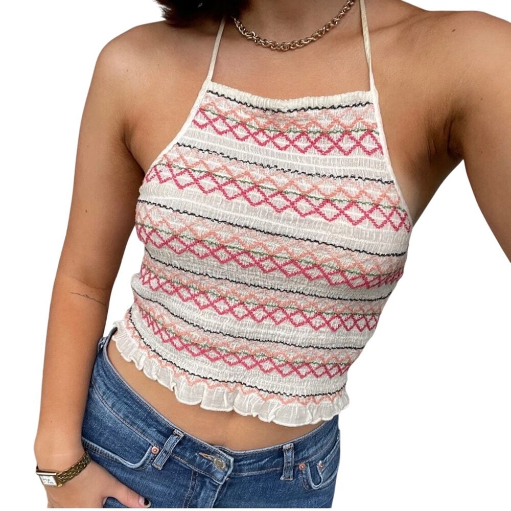 American Eagle Smocked Halter Top XS Boho Embroidered Ruffle Hem